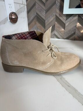 Eddie Bauer Women's Suede Ankle Booties in Beige with Plaid Lining